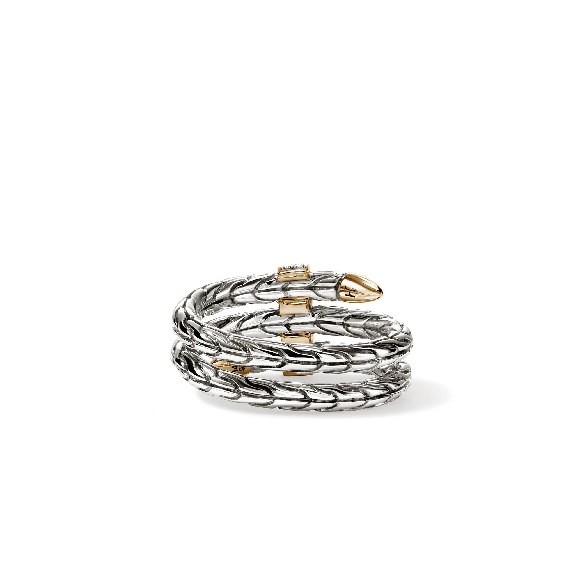 John Hardy Yellow Gold and Sterling Silver Spear Double Wrap Ring with Pave Diamonds