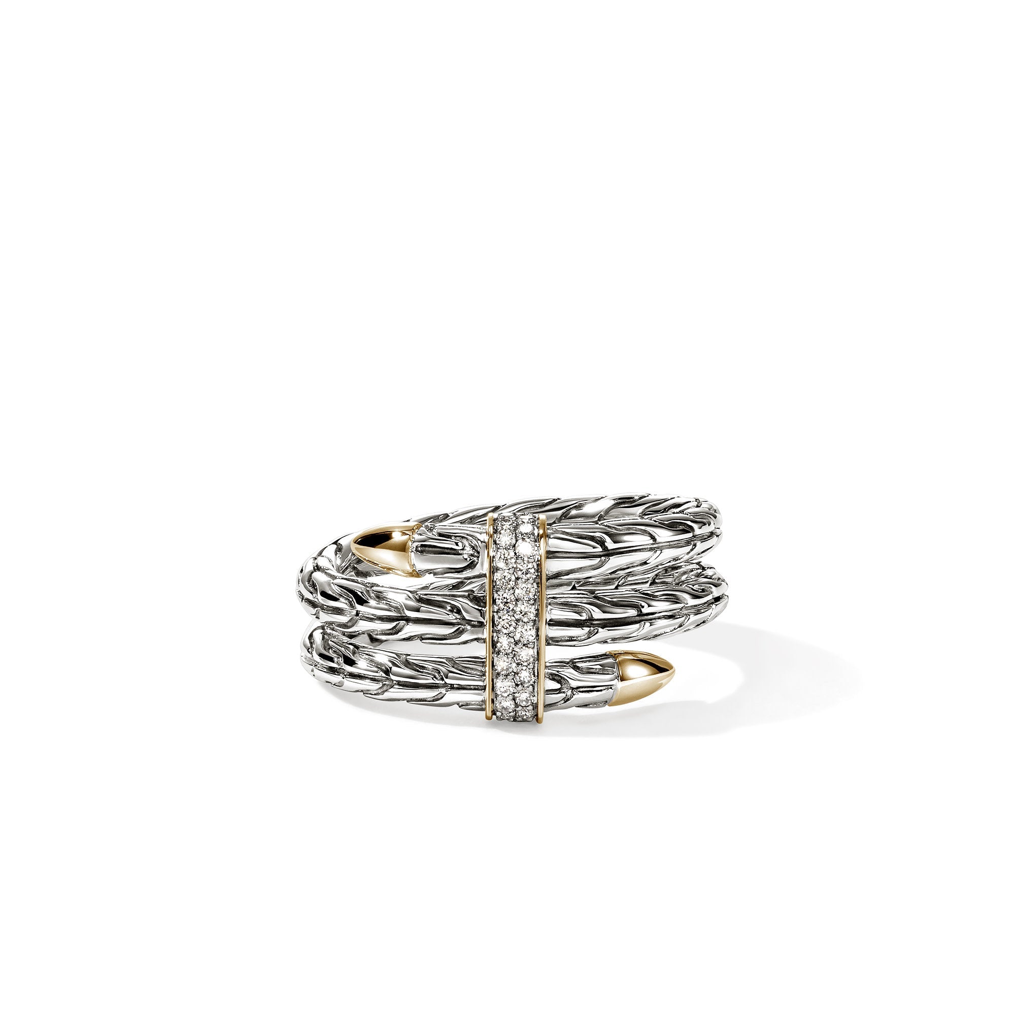 John Hardy Yellow Gold and Sterling Silver Spear Double Wrap Ring with Pave Diamonds