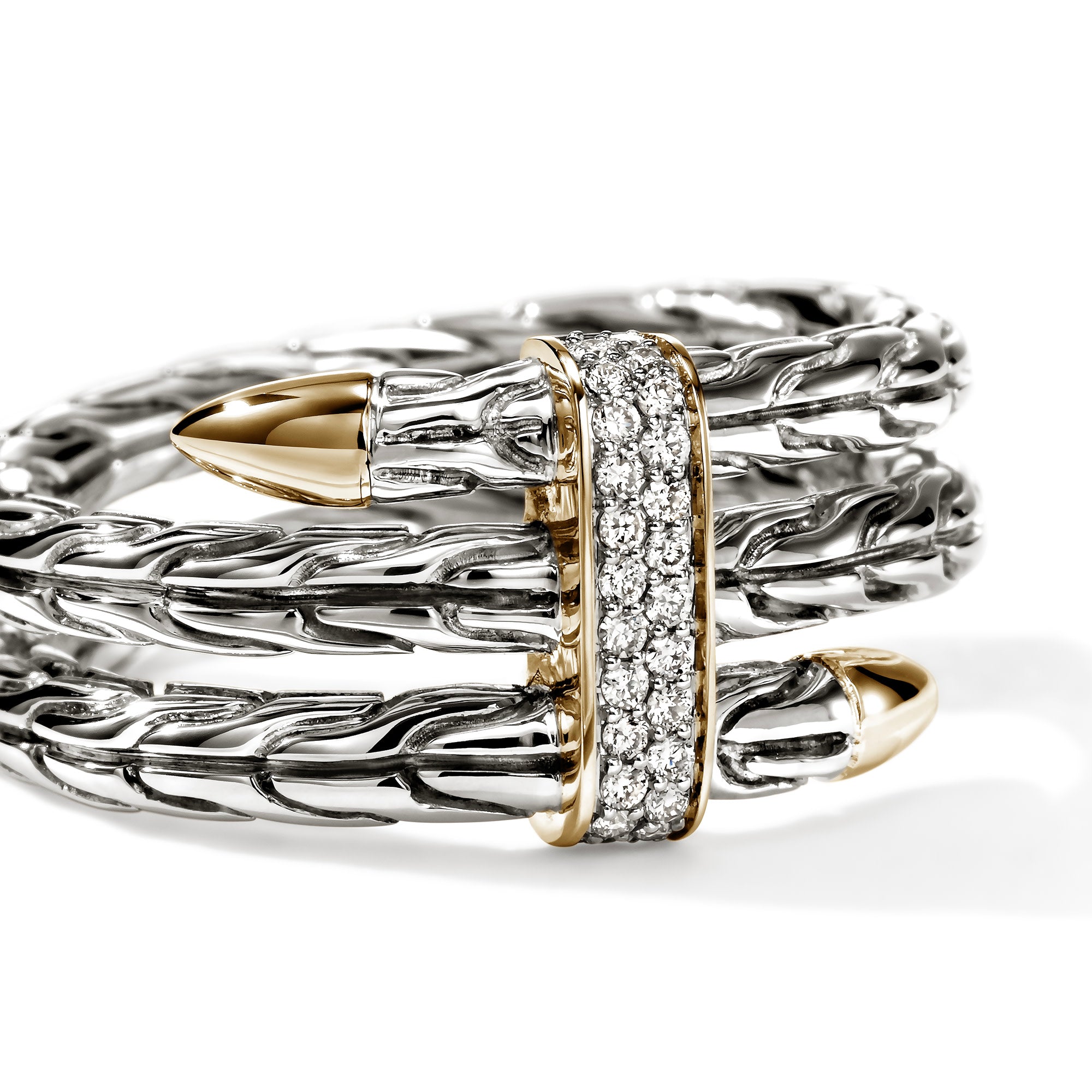 John Hardy Yellow Gold and Sterling Silver Spear Double Wrap Ring with Pave Diamonds