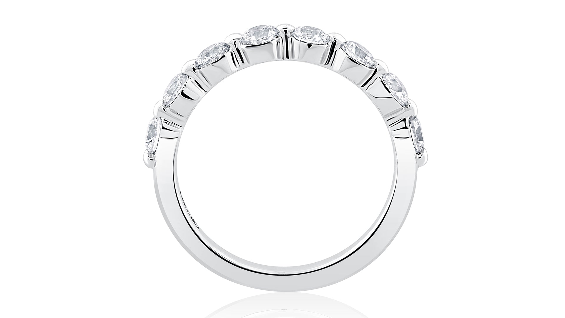 Side view of a 14K white gold halfway diamond wedding band