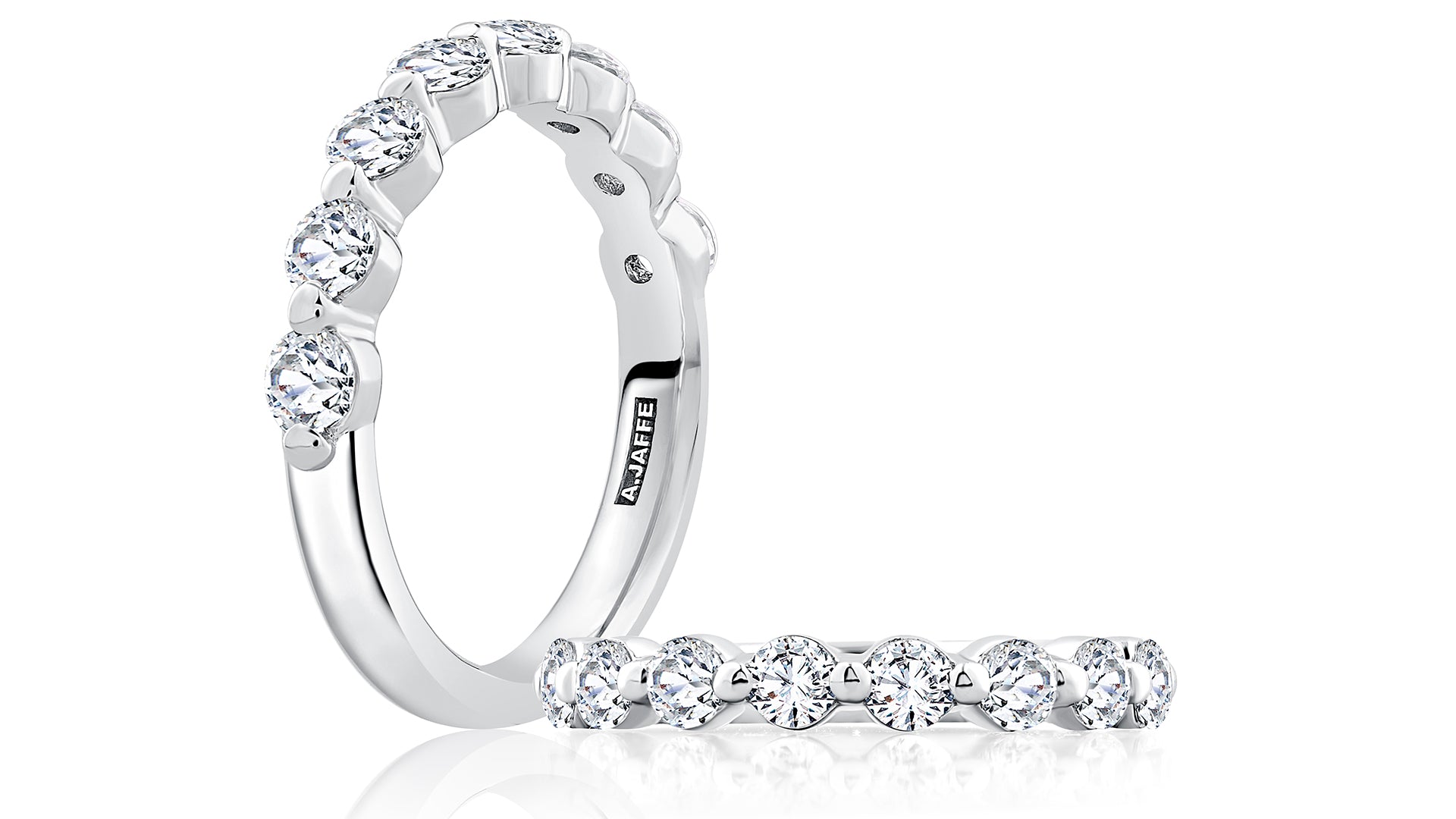14K white gold wedding band with round diamonds set halfway around, shown standing and lying flat
