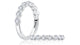 14K white gold wedding band with round diamonds set halfway around, shown standing and lying flat