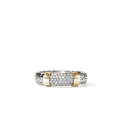 Yellow Gold and Sterling Silver Chain Motif Diamond Pave Ring