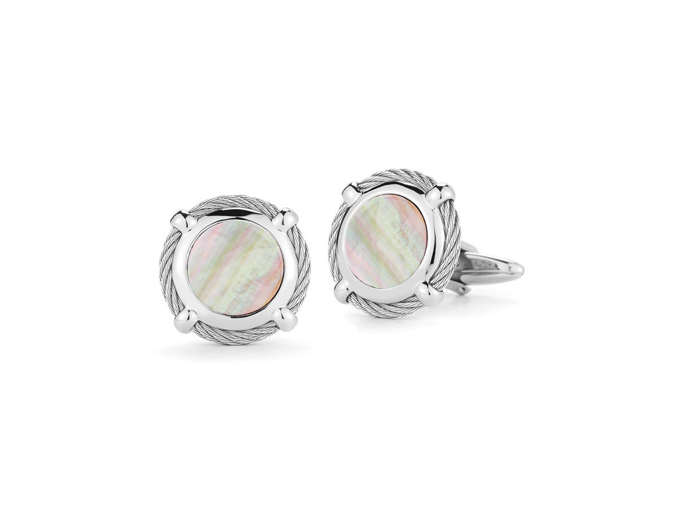 Men's Grey Cable Round Cufflinks with Mother of Pearl