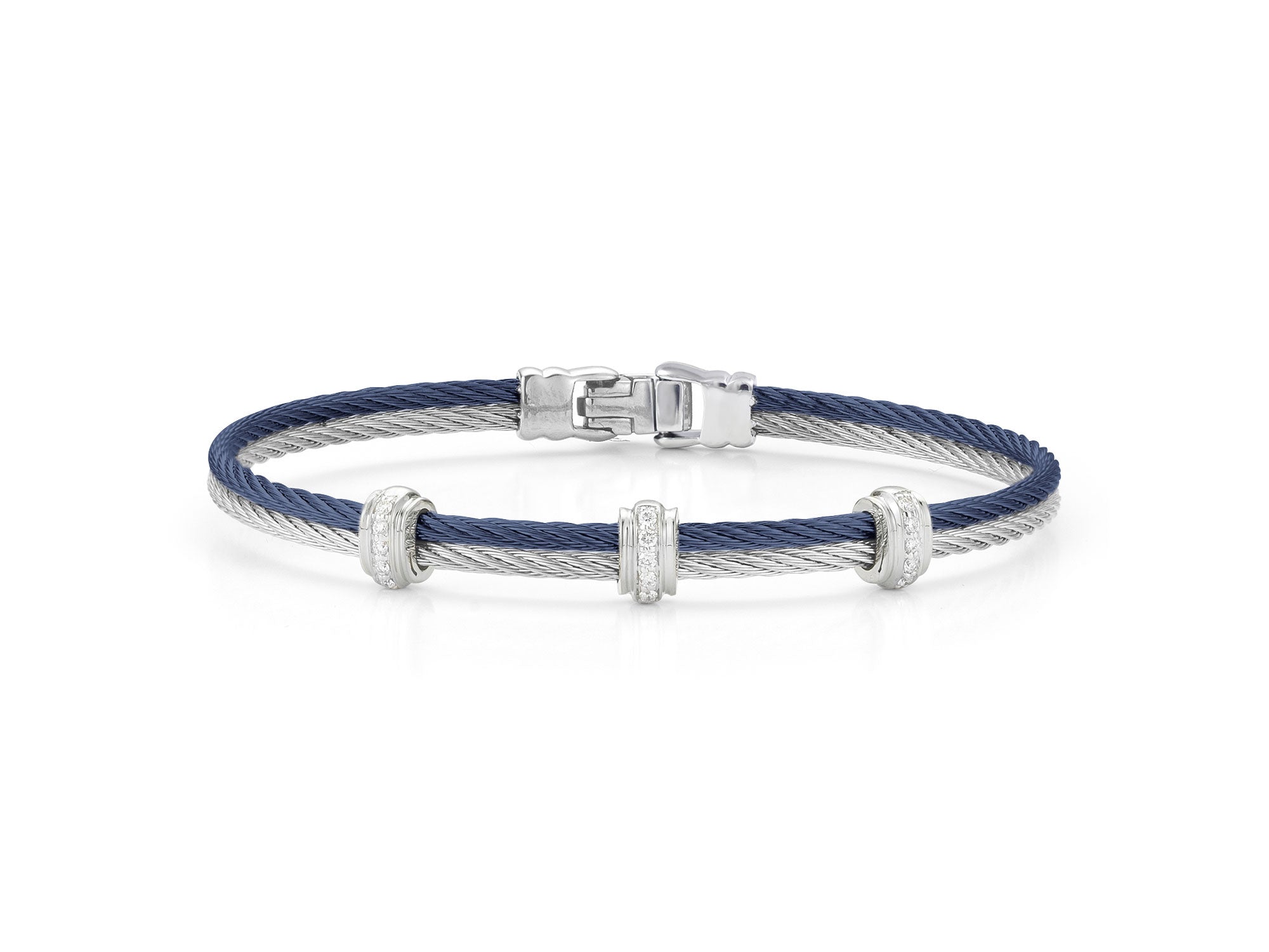 Blueberry & Grey Cable Bracelet with Triple Diamond Stations