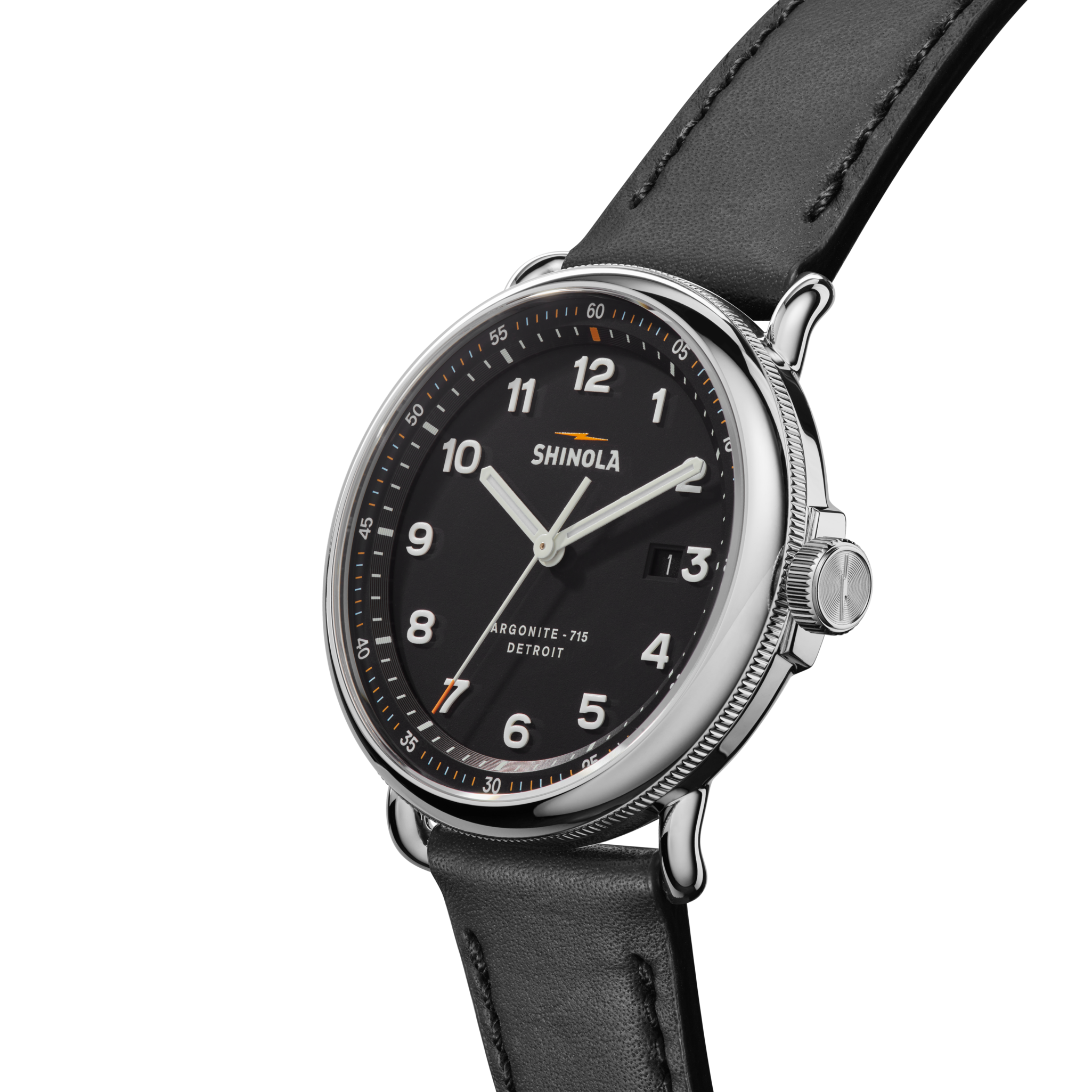 The Canfield Model C56 43mm Watch, Black Leather Strap - angle
