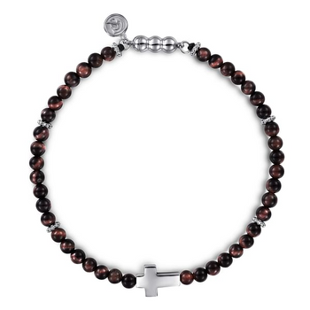 Men's Sterling Silver Cross Bracelet with 4mm Tiger Eye Beads