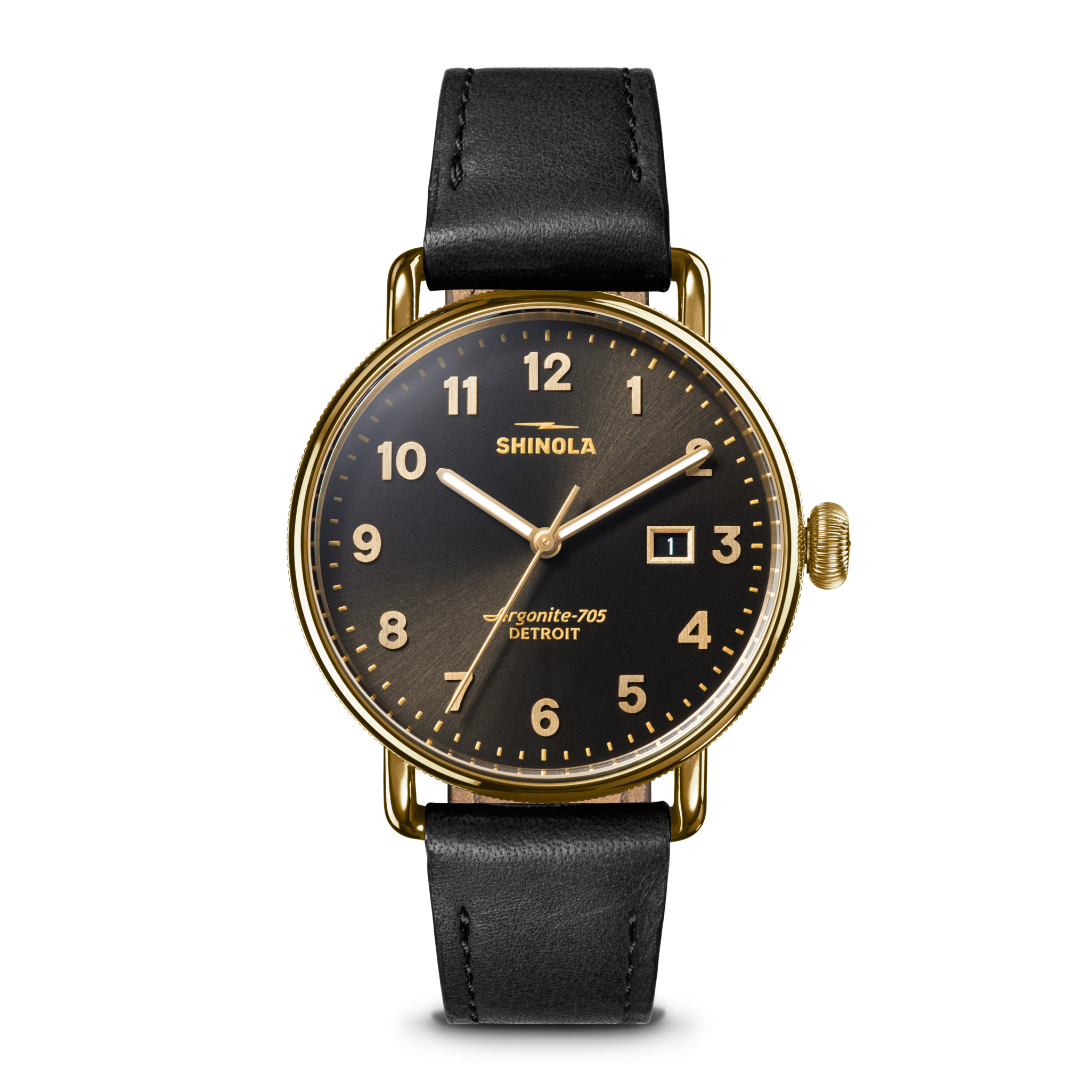 Shinola Canfield 3HD 38mm Watch, Espresso Black Dial - front view, gold-tone case