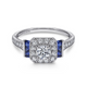 Round Center Diamond with Cushion Halo and Blue Sapphires