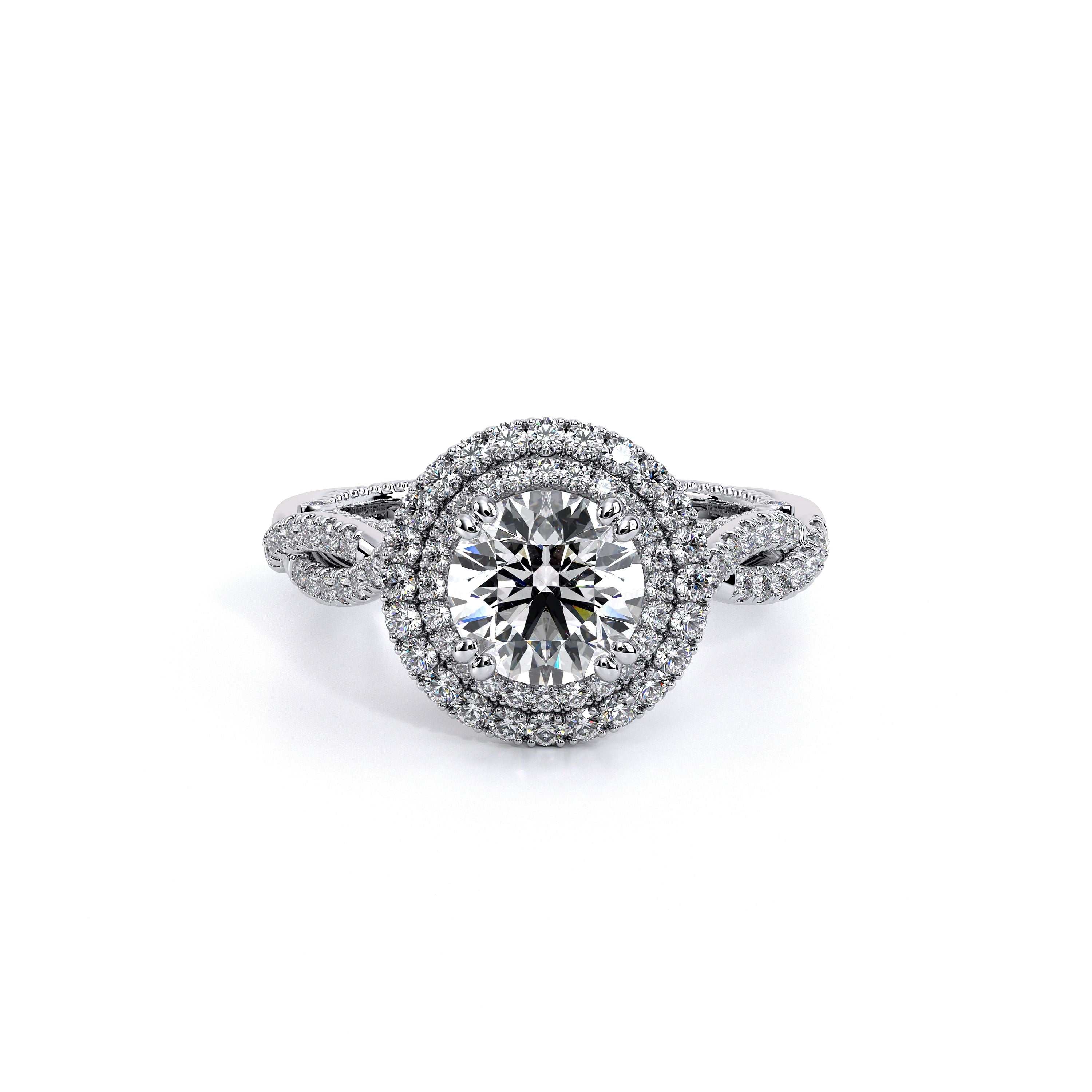 Round Brilliant Cut Halo Diamond Engagement Ring, Milgrain Bezel Set in a  Large Milgrain Bead set Halo on a Vintage Arrow Textured Band with Open  Leaf Undersetting.