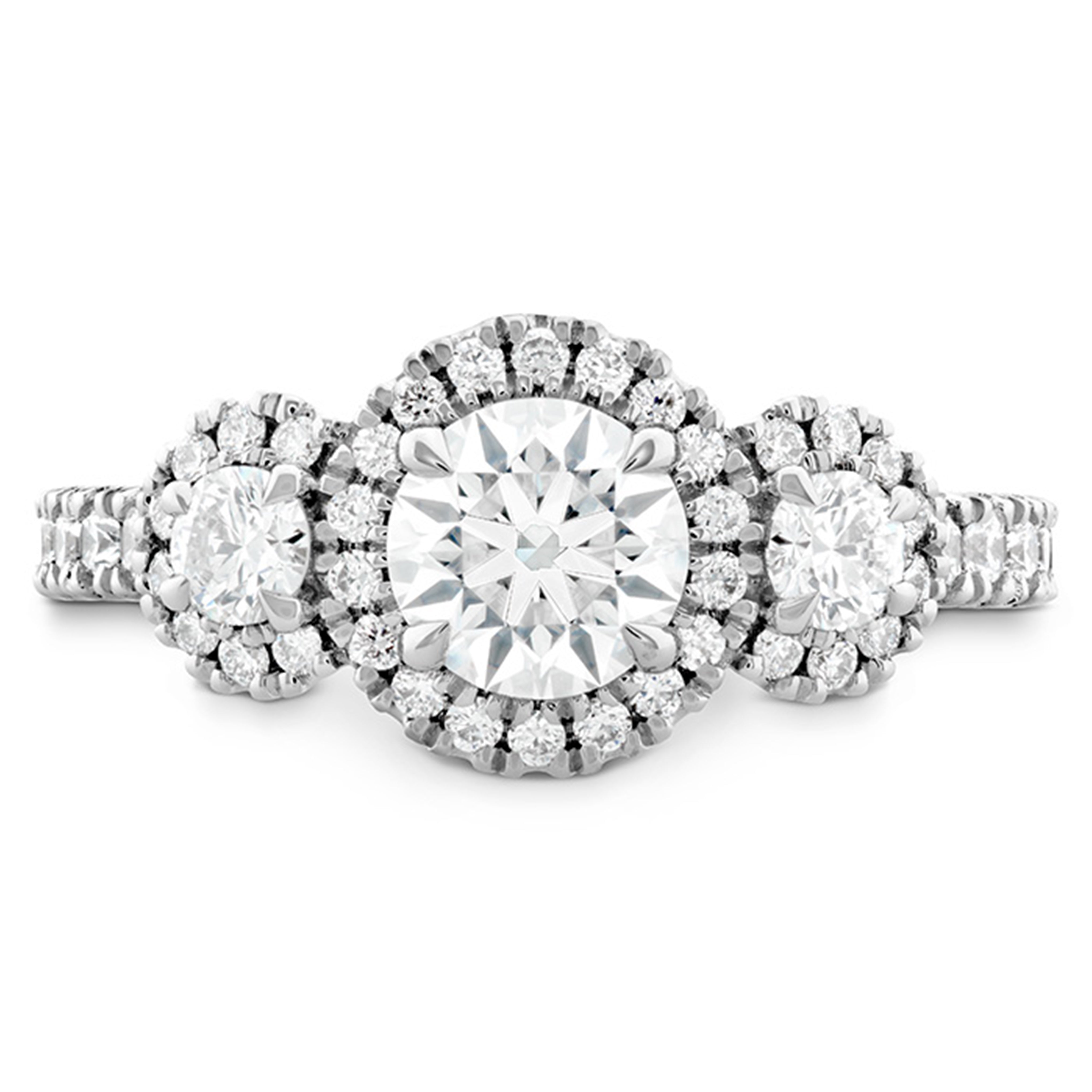 Hearts On Fire Platinum Integrity three stone diamond halo engagement ring